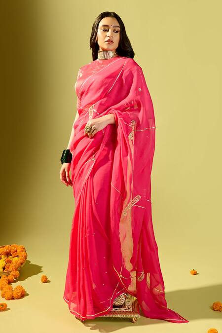Buy_Komal Shah_Pink Organza, Tissue Embroidery, Deep Purple Keri Jaal Saree And Stripe Blouse _Online_at_Aza_Fashions
