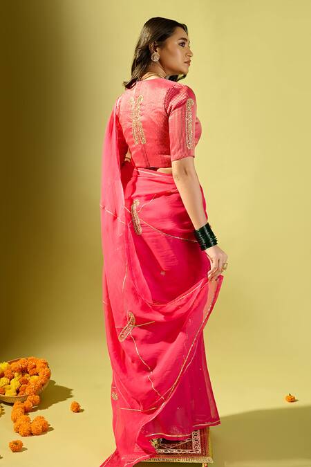 Komal Shah_Pink Organza, Tissue Embroidery, Deep Purple Keri Jaal Saree And Stripe Blouse _Online_at_Aza_Fashions