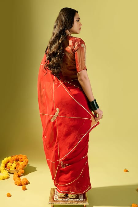 Komal Shah Maroon Keri Jaal Saree with Striped Blouse 
