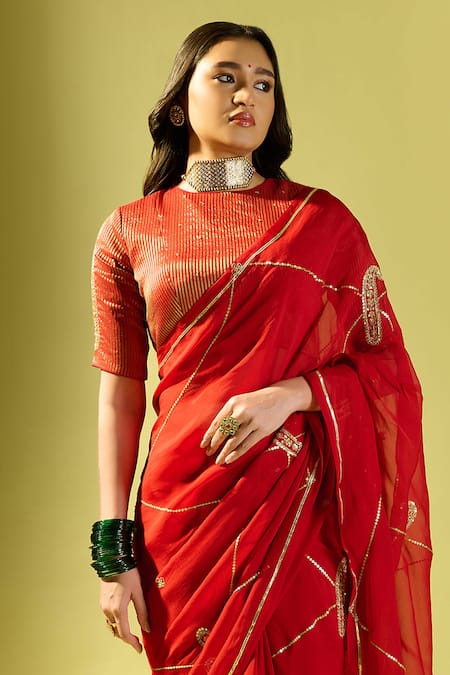 Buy_Komal Shah_Red Organza, Tissue Embroidery Round Maroon Keri Jaal Saree With Striped Blouse _Online_at_Aza_Fashions