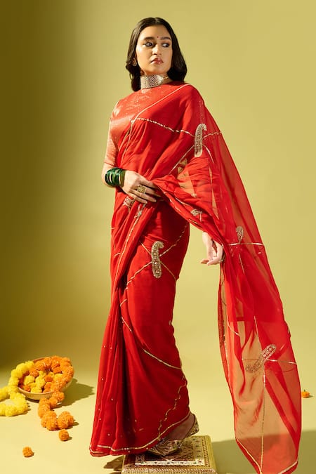 Shop_Komal Shah_Red Organza, Tissue Embroidery Round Maroon Keri Jaal Saree With Striped Blouse _Online_at_Aza_Fashions