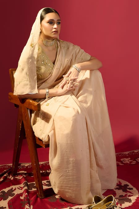 Buy Komal Shah Beige Organza, Tissue Embroidery V-neck Floral Jaal Saree With Striped Blouse Online at Aza Fashions Buy_Komal Shah_Beige Organza, Tissue Embroidery V-neck Floral Jaal Saree With Striped Blouse _Online_at_Aza_Fashions