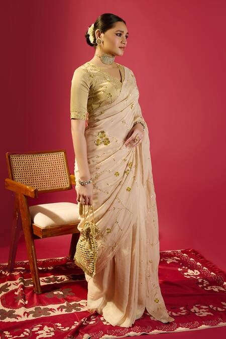 Shop Komal Shah Beige Organza, Tissue Embroidery V-neck Floral Jaal Saree With Striped Blouse Online at Aza Fashions Shop_Komal Shah_Beige Organza, Tissue Embroidery V-neck Floral Jaal Saree With Striped Blouse _Online_at_Aza_Fashions