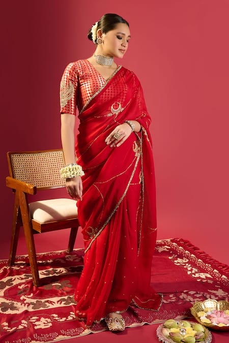 Shop_Komal Shah_Red Organza, Brocade Embroidery V-neck Chand Jaal Saree And Blouse Set _Online_at_Aza_Fashions