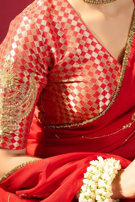 Komal Shah_Red Organza, Brocade Embroidery V-neck Chand Jaal Saree And Blouse Set _at_Aza_Fashions