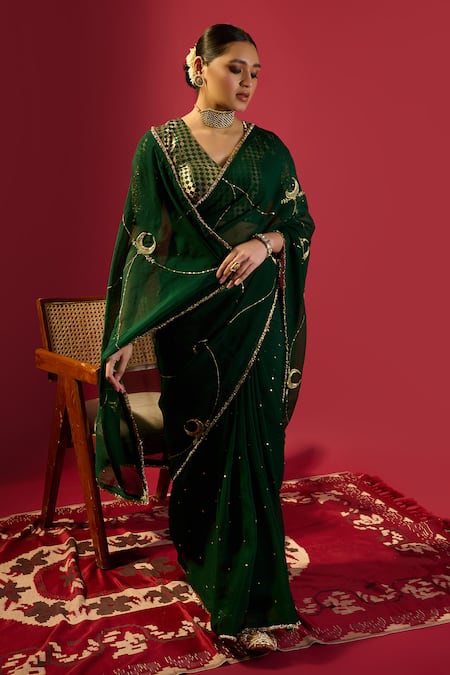 Buy_Komal Shah_Green Georgette, Silk Sequins, Zari, Embroidery Chand Jaal Saree With Blouse _Online_at_Aza_Fashions
