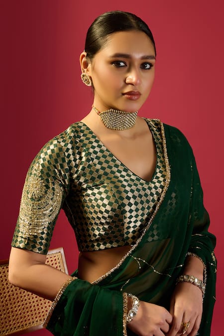 Shop_Komal Shah_Green Georgette, Silk Sequins, Zari, Embroidery Chand Jaal Saree With Blouse _Online_at_Aza_Fashions