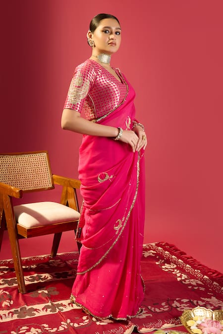 Buy_Komal Shah_Red Organza, Brocade Embroidery, Sequins V-neck Blouse And Jaal Saree _Online_at_Aza_Fashions