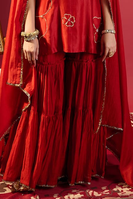Buy_Komal Shah_Maroon Chanderi Embroidery, Pearls Round Neck Short Kurta And Garara Set _Online_at_Aza_Fashions