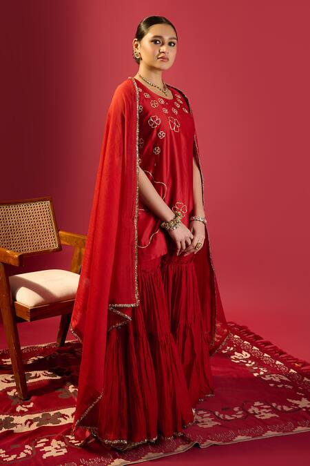 Shop_Komal Shah_Maroon Chanderi Embroidery, Pearls Round Neck Short Kurta And Garara Set _Online_at_Aza_Fashions