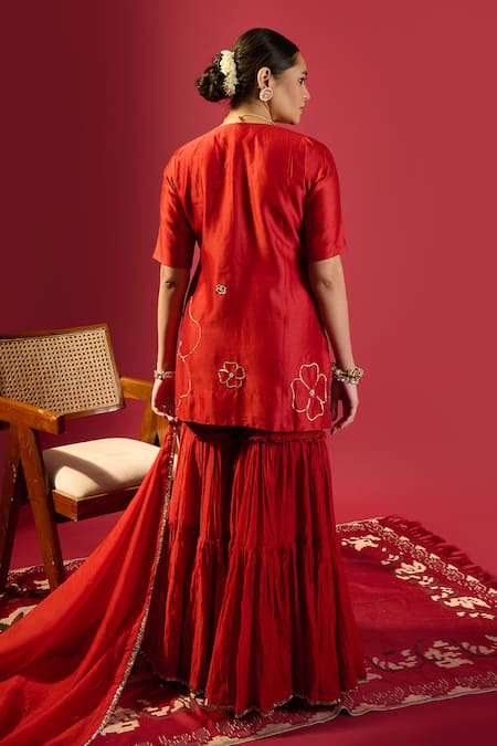 Shop_Komal Shah_Maroon Chanderi Embroidery, Pearls Round Neck Short Kurta And Garara Set _at_Aza_Fashions