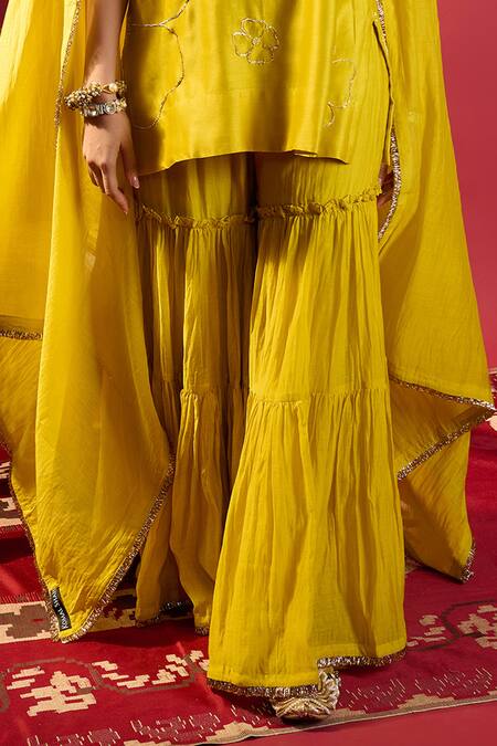 Buy_Komal Shah_Mustard Chanderi Embroidery Round Neck Short Kurta And Garara Set _Online_at_Aza_Fashions