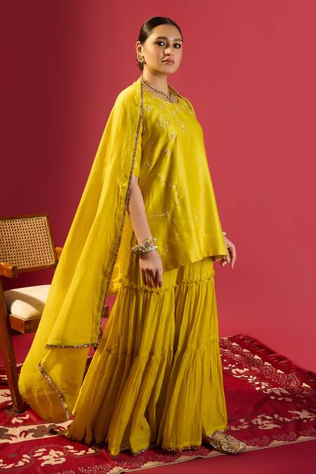 Shop_Komal Shah_Mustard Chanderi Embroidery Round Neck Short Kurta And Garara Set _Online_at_Aza_Fashions