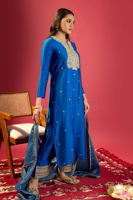 Buy Komal Shah Blue Chanderi, Silk, Tissue Embroidery Split V-neck Royal Hand Kurta Set Online at Aza Fashions Buy_Komal Shah_Blue Chanderi, Silk, Tissue Embroidery Split V-neck Royal Hand Kurta Set _Online_at_Aza_Fashions