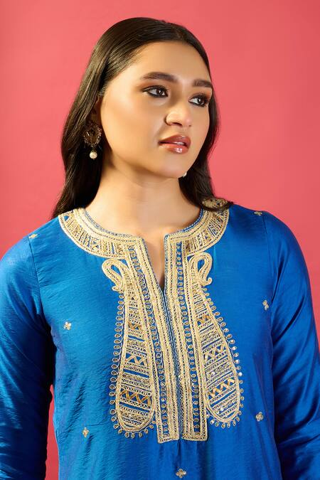 Shop Komal Shah Blue Chanderi, Silk, Tissue Embroidery Split V-neck Royal Hand Kurta Set Online at Aza Fashions Shop_Komal Shah_Blue Chanderi, Silk, Tissue Embroidery Split V-neck Royal Hand Kurta Set _Online_at_Aza_Fashions