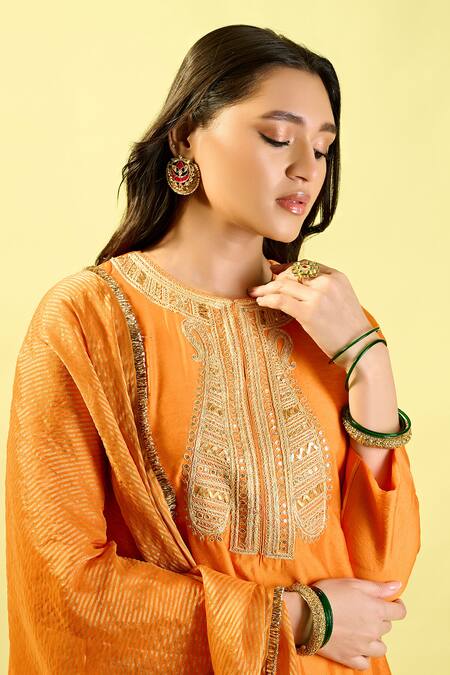 Shop Komal Shah Orange Chanderi, Silk, Tissue Embroidery Round Neck Hand Kurta Set Online at Aza Fashions Shop_Komal Shah_Orange Chanderi, Silk, Tissue Embroidery Round Neck Hand Kurta Set _Online_at_Aza_Fashions