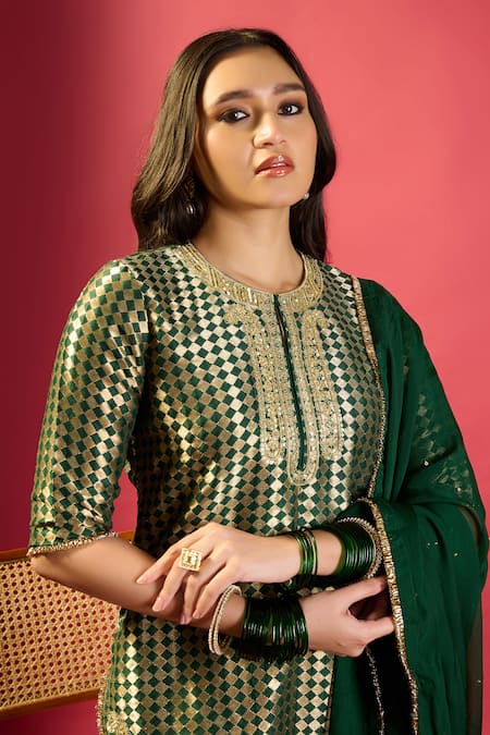 Buy_Komal Shah_Green Silk, Chiffon Round Neck Designer Kurta And Palazzo Set _Online_at_Aza_Fashions