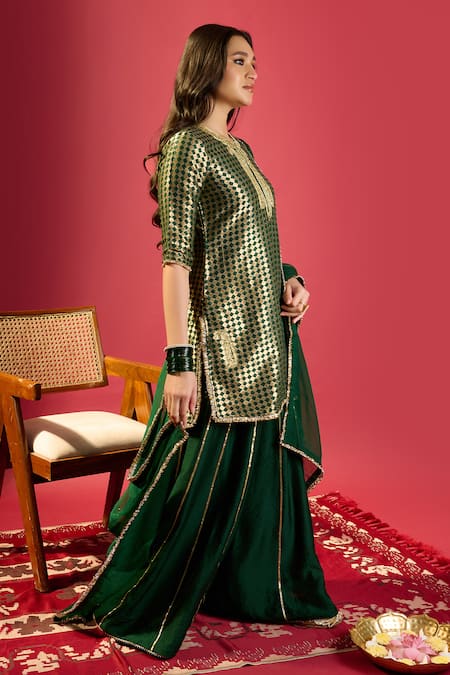 Shop_Komal Shah_Green Silk, Chiffon Round Neck Designer Kurta And Palazzo Set _Online_at_Aza_Fashions
