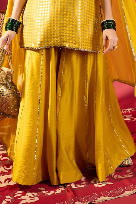 Shop_Komal Shah_Mustard Brocade, Chanderi, Organza Embroidery Round Neck Kurta Palazzo Set _Online_at_Aza_Fashions