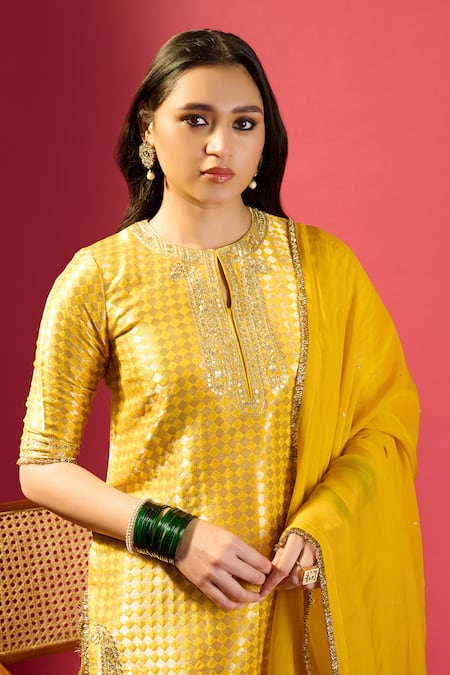 Komal Shah_Mustard Brocade, Chanderi, Organza Embroidery Round Neck Kurta Palazzo Set _at_Aza_Fashions