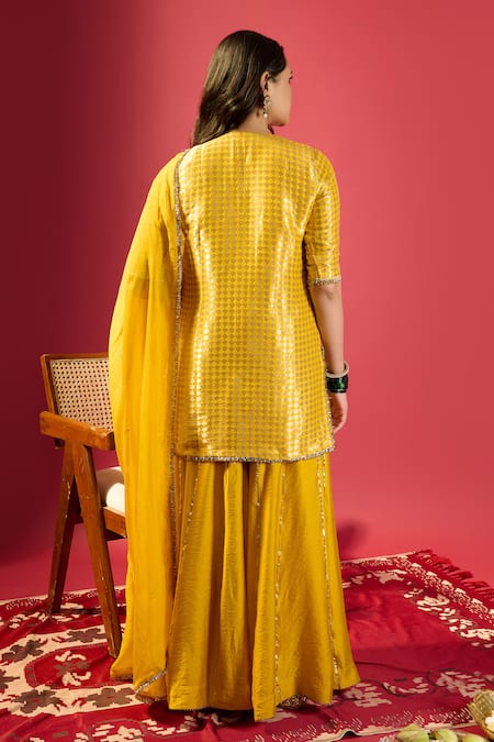 Komal Shah_Mustard Brocade, Chanderi, Organza Embroidery Round Neck Kurta Palazzo Set _Online_at_Aza_Fashions
