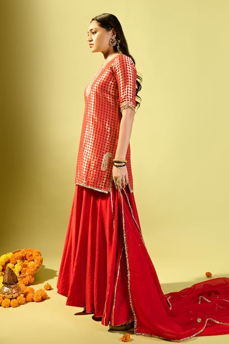 Buy_Komal Shah_Red Cotton Embroidery Round Neck Designer Kurta Palazzo Set _Online_at_Aza_Fashions