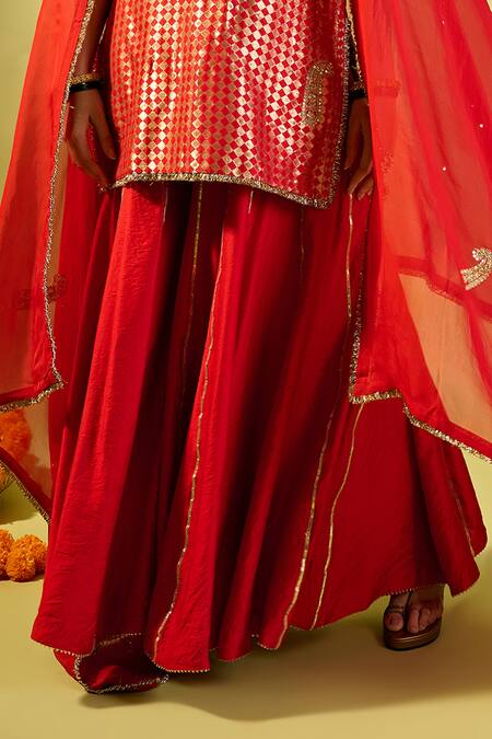Shop_Komal Shah_Red Cotton Embroidery Round Neck Designer Kurta Palazzo Set _Online_at_Aza_Fashions