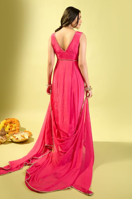 Shop_Komal Shah_Pink Crepe, Georgette Embroidery V-neck Hot Box Pleat Kurta Set With Dupatta _at_Aza_Fashions
