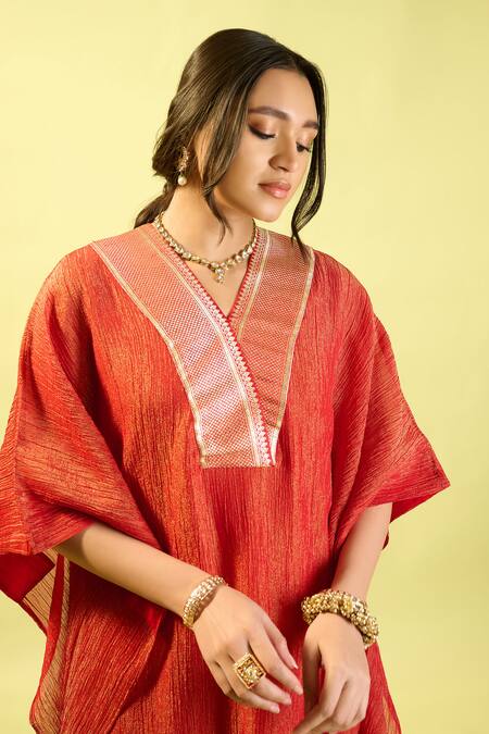 Shop_Komal Shah_Red Silk Zari, Embroidery Split V-neck Crinkle Kaftan Set With Pant _Online_at_Aza_Fashions