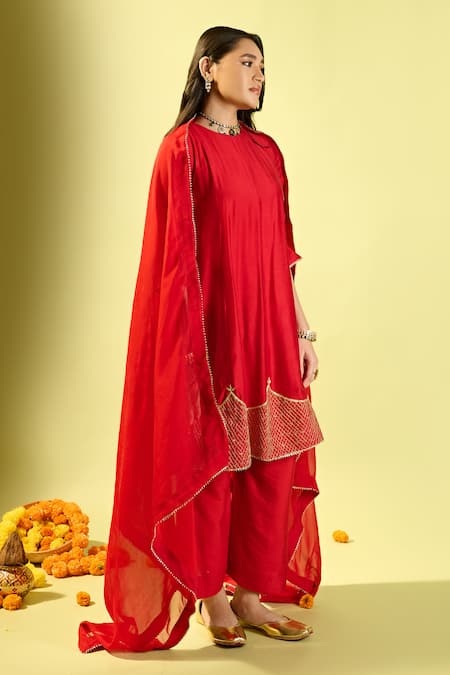 Shop_Komal Shah_Red Cotton, Chiffon Embroidery Round Neck Chand Jaal Maroon Kurta And Pant Set _Online_at_Aza_Fashions