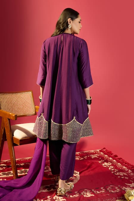 Komal Shah_Purple Silk, Chanderi, Organza Embroidery Round Deep Shoulder Kali Kurta Set _Online_at_Aza_Fashions