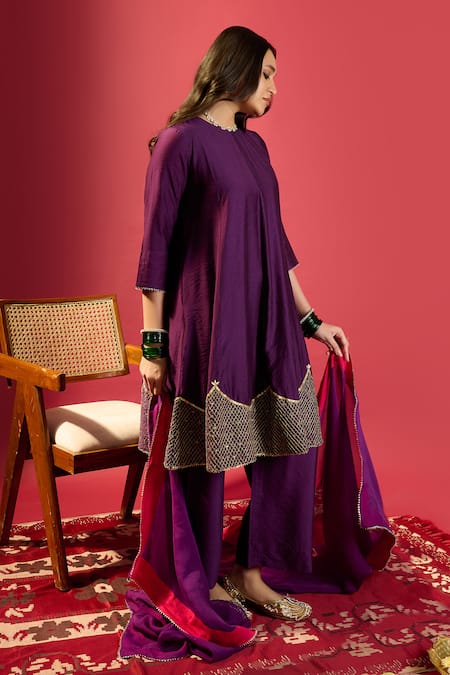 Buy_Komal Shah_Purple Silk, Chanderi, Organza Embroidery Round Deep Shoulder Kali Kurta Set _Online_at_Aza_Fashions