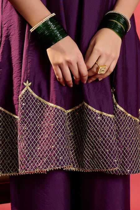 Shop_Komal Shah_Purple Silk, Chanderi, Organza Embroidery Round Deep Shoulder Kali Kurta Set _Online_at_Aza_Fashions