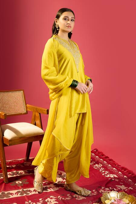 Shop_Komal Shah_Mustard Chanderi Embroidery Split V-neck Kurta And Dhoti Set _Online_at_Aza_Fashions