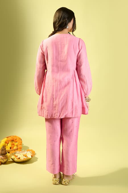 Komal Shah_Pink Chanderi Embroidery Round Neck Rose Co-ord Set _Online_at_Aza_Fashions
