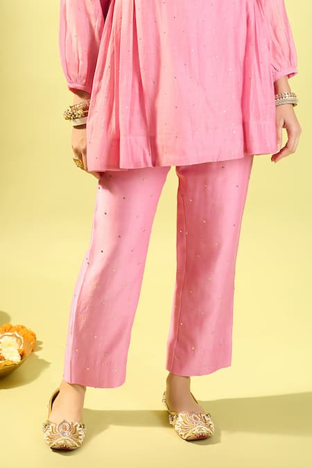 Buy_Komal Shah_Pink Chanderi Embroidery Round Neck Rose Co-ord Set _Online_at_Aza_Fashions