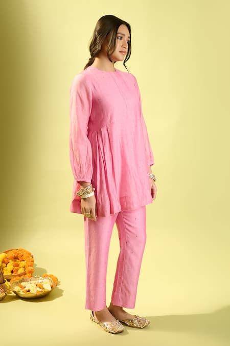 Shop_Komal Shah_Pink Chanderi Embroidery Round Neck Rose Co-ord Set _Online_at_Aza_Fashions