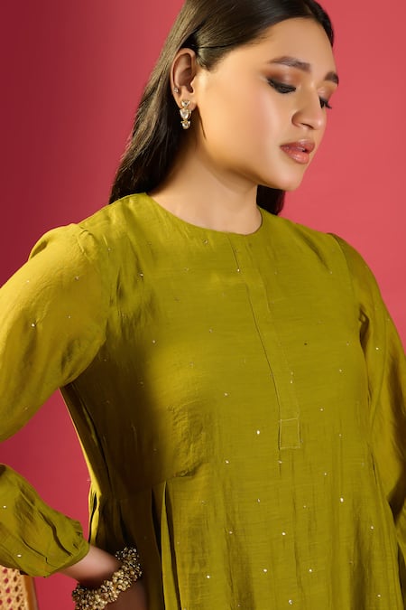 Buy_Komal Shah_Green Chanderi Embroidery Round Neck Rose Pink Co-ord Set _Online_at_Aza_Fashions