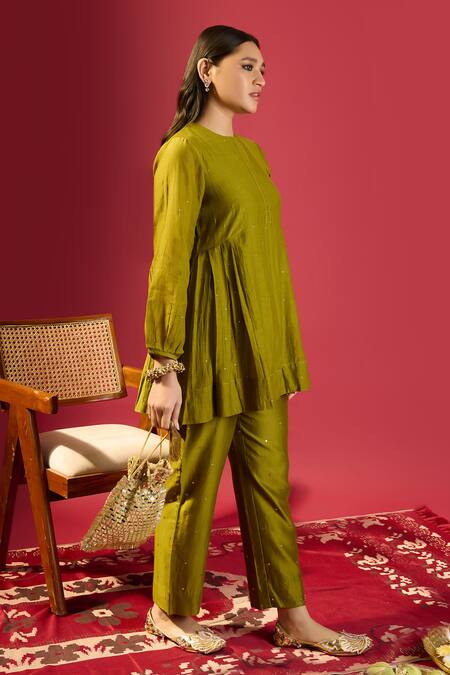Shop_Komal Shah_Green Chanderi Embroidery Round Neck Rose Pink Co-ord Set _Online_at_Aza_Fashions