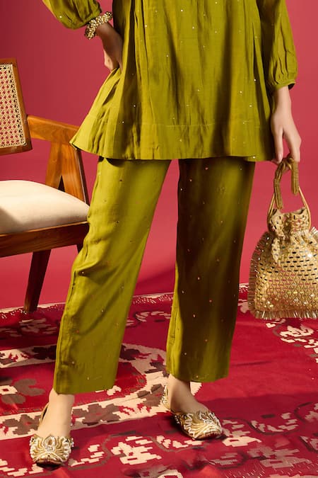 Komal Shah_Green Chanderi Embroidery Round Neck Rose Pink Co-ord Set _at_Aza_Fashions
