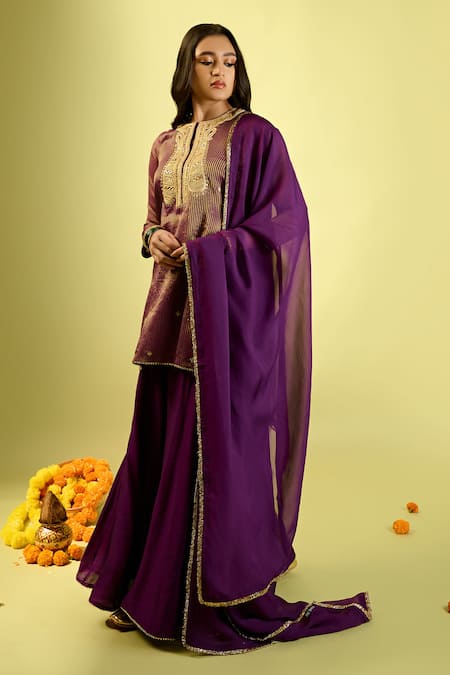 Buy_Komal Shah_Purple Organza, Chanderi Embroidery Round Neck Stripe Tissue Kurta And Palazzo Set _Online_at_Aza_Fashions
