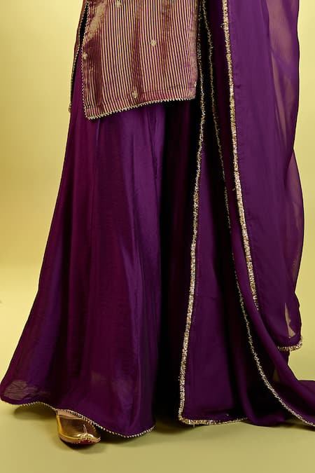 Shop_Komal Shah_Purple Organza, Chanderi Embroidery Round Neck Stripe Tissue Kurta And Palazzo Set _Online_at_Aza_Fashions