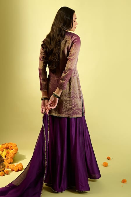 Komal Shah_Purple Organza, Chanderi Embroidery Round Neck Stripe Tissue Kurta And Palazzo Set _Online_at_Aza_Fashions
