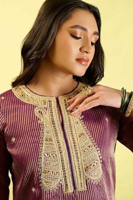 Komal Shah_Purple Organza, Chanderi Embroidery Round Neck Stripe Tissue Kurta And Palazzo Set _at_Aza_Fashions