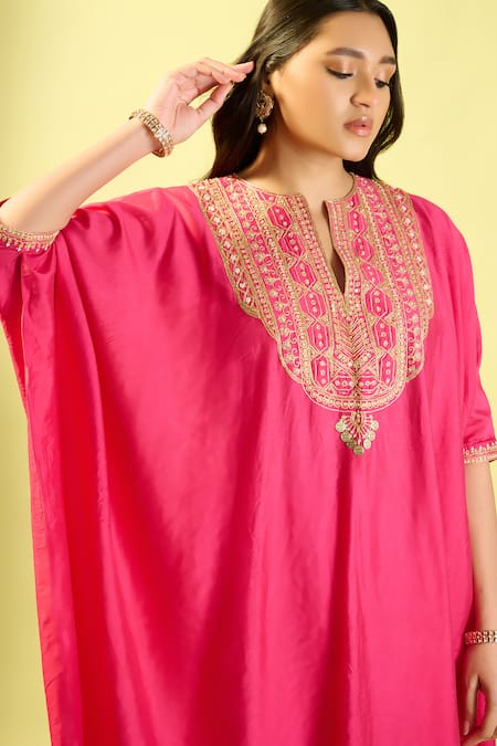Shop_Komal Shah_Pink Chanderi, Silk Embroidery Split V-neck Hot Kaftan Set _Online_at_Aza_Fashions