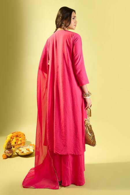Komal Shah_Pink Chanderi, Organza Pearls, Diamonds Keyhole Neck Hot Kurta And Palazzo Set _Online_at_Aza_Fashions