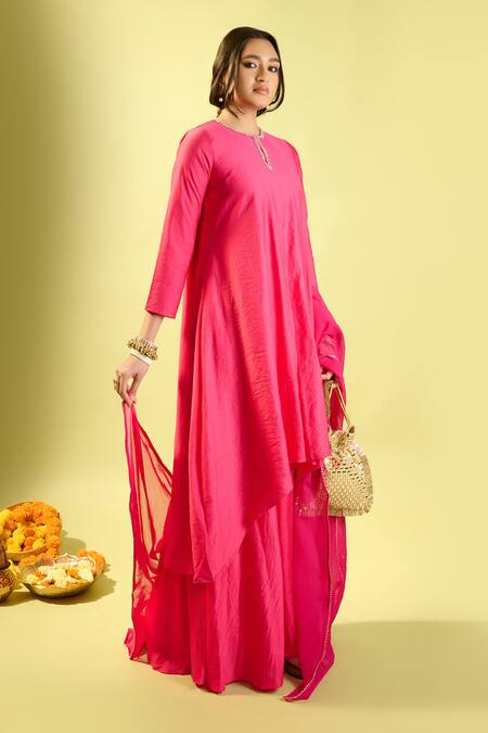 Buy_Komal Shah_Pink Chanderi, Organza Pearls, Diamonds Keyhole Neck Hot Kurta And Palazzo Set _Online_at_Aza_Fashions