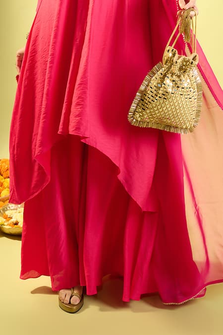 Shop_Komal Shah_Pink Chanderi, Organza Pearls, Diamonds Keyhole Neck Hot Kurta And Palazzo Set _Online_at_Aza_Fashions
