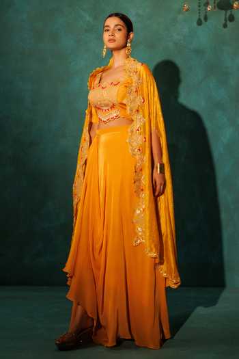 Buy_Vinita Bhansali_Yellow Silk, Crepe Sequins, Embroidery Round Neck Saraswati Cape Set _Online_at_Aza_Fashions