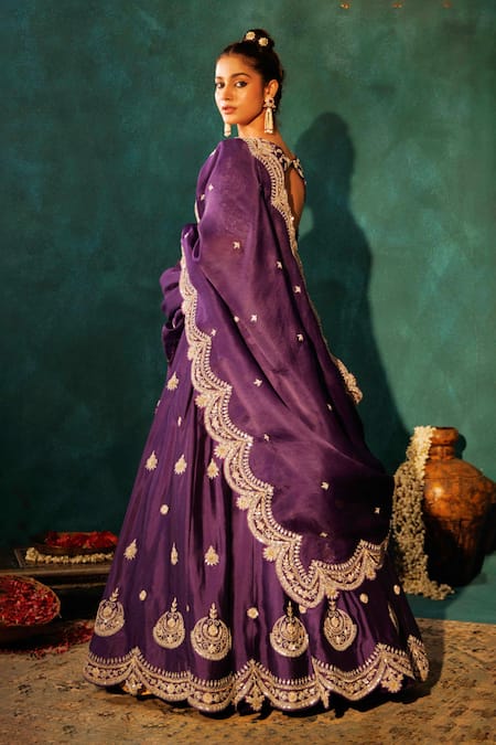 Shop Vinita Bhansali Purple , Organza Sequins, Zari Chaand Sunhera Lehenga Set at Aza Fashions Shop_Vinita Bhansali_Purple , Organza Sequins, Zari Chaand Sunhera Lehenga Set _at_Aza_Fashions
